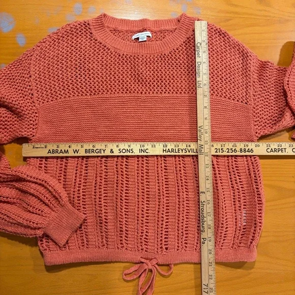 Women S Open Knit Sweater Coral Orange Crop Balloon Sleeve‎ Boxy American Eagle - Picture 6 of 8